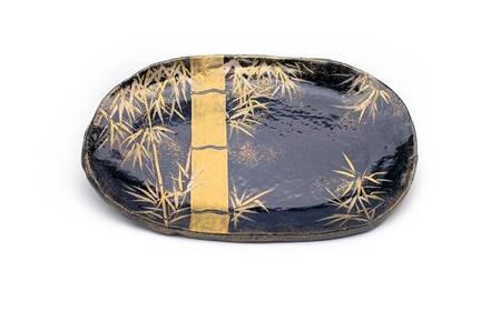 京都 伝統 工芸品 小判型の皿（瑠璃釉）金銀竹
