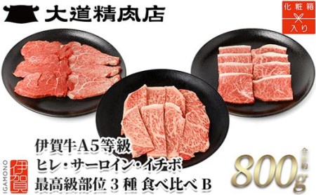 伊賀牛 A5 ヒレ・サーロイン・イチボ 焼肉セットB 計約800g【最高級部位3種食べ比べ】