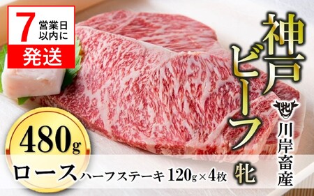 【神戸牛 牝】ロースハーフステーキ4枚:120g 川岸畜産 (44-9)【冷凍】