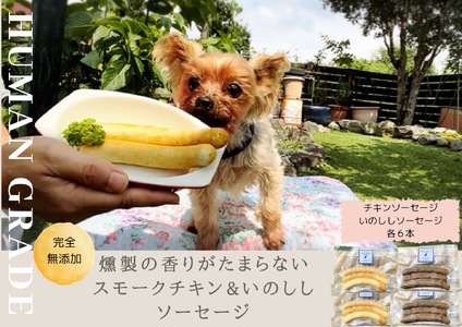FB019_犬の無添加おかず☆燻製の香りがたまらないスモークチキン＆いのししソーセージ