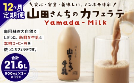 【12ヶ月定期便】山田さんちのカフェラテ 2本セット 900ml×2本 計12回 合計21.6L ノンホモ牛乳 牛乳 カフェラテ