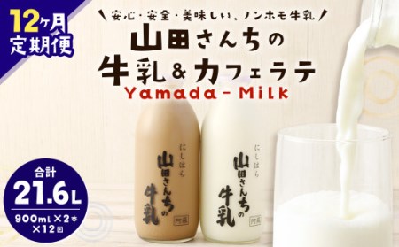 【12ヶ月定期便】山田さんちの牛乳・カフェラテ2本セット 900ml×2本 計12回 合計21.6L ノンホモ牛乳 カフェラテ