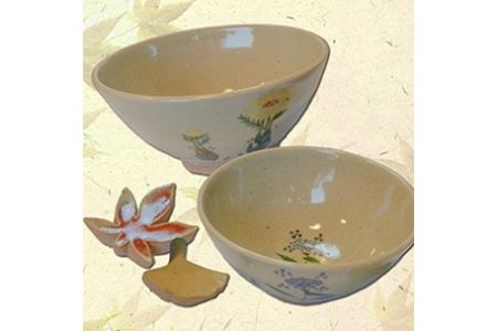耶馬溪焼き夫婦茶碗セット　飯碗（大・小）　箸置き　明治35年創業 吉村松月園 茶わん 陶器 焼き物 