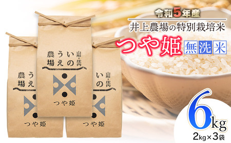 【令和5年産】 井上農場の特別栽培米 つや姫 無洗米 6kg（2㎏×3袋） A15-005