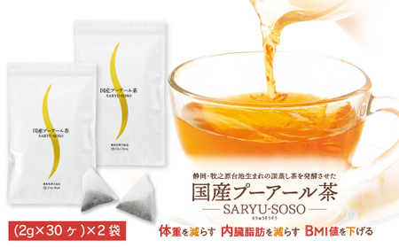 048-28　国産プーアール茶　SARYU-SOSO（2g×30ティーバッグ）×2袋セット　〈機能性表示食品〉