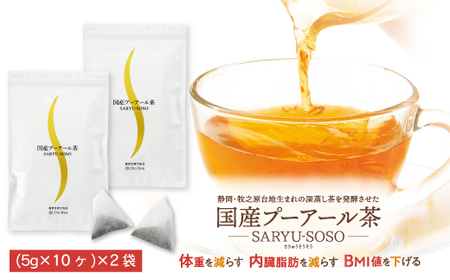 048-29　国産プーアール茶　SARYU-SOSO（5g×10ティーバッグ）×2袋セット　〈機能性表示食品〉