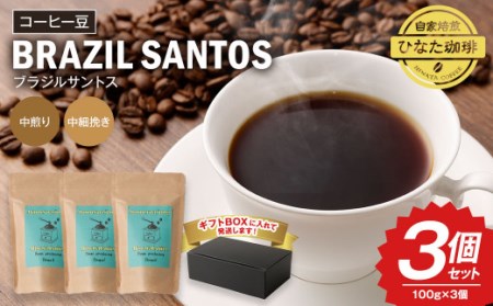 コーヒー豆(ブラジル サントス 中煎り 中細挽き) 100g×3個セット 計300g 珈琲