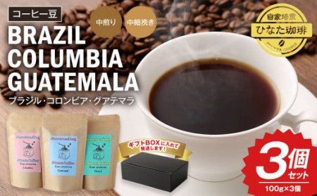 コーヒー豆(ブラジル、コロンビア、グアテマラ) 100g×3個セット 計300g 珈琲