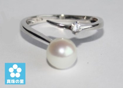 【025-17】真珠の里　フリーサイズ　ジルコニア付きパールリング*