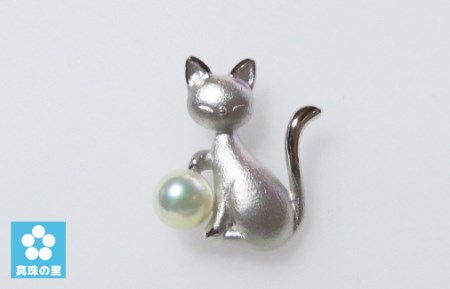 【025-18】 真珠の里　猫のタックブローチ　シルバー製*