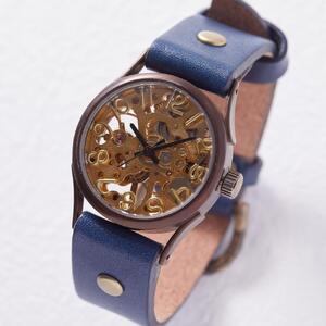 機械-手巻き式腕時計　ギアの動きが綺麗に見えるスケルトンデザインのハンドメイドウォッチ　ベルトカラー：茄子紺　WB044-茄子紺