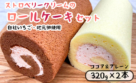 いちごクリームの ロールケーキ セット 2本（320g×2）（プレーンとココア)  舞鶴産いちご 舞鶴産卵 舞鶴産たまご 地元卵 ロールケーキ ココアロールケーキ