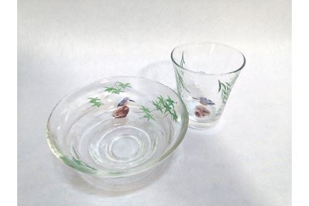 京絵付ガラス鉢、コップセット【035】