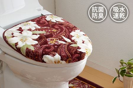 日本製 トイレふたカバー [単品] 洗浄・暖房便座用 【ユリ柄】（エンジ）(DR144-SJ)