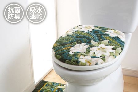 日本製 トイレふたカバー [単品] O・U型便座用 【ユリ柄】（グリーン）(DR146-SJ)