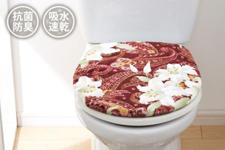 日本製 トイレふたカバー [単品] O・U型便座用 【ユリ柄】（エンジ）(DR147-SJ)