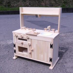 手作り木製 棚付き ままごとキッチン・魚焼きグリル付き 素材色 GHK-R【007A-048】