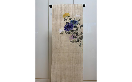 名古屋帯　麻　3種類の紫陽花柄　お仕立て上がり　お単衣、絽、紗に