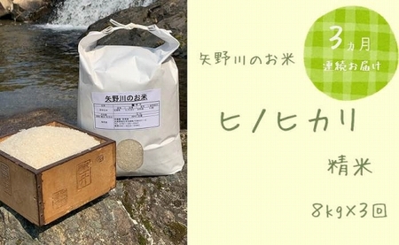 【定期便・全3回】矢野川のお米　ヒノヒカリ精米8kgx3回