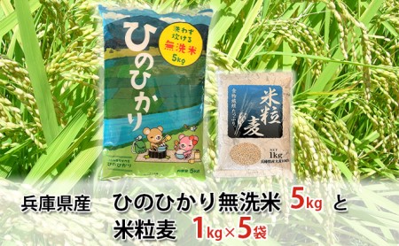 兵庫県産 ひのひかり 無洗米 5kgと 米粒麦 1kg×5袋