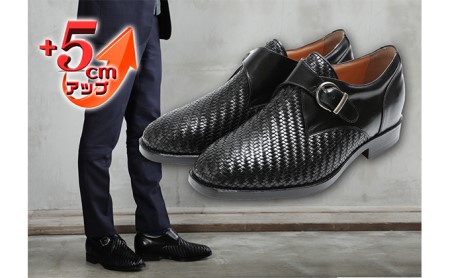 ビジネスシューズ 本革 革靴 カンガルー革 メッシュ モンク 紳士靴 5cmアップ シークレットシューズ No.75 ブラック 24.0cm