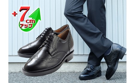 ビジネスシューズ 本革 革靴 カンガルー革 紳士靴 ウイングチップ 7cmアップ シークレットシューズ No.232 ブラック 25.0cm
