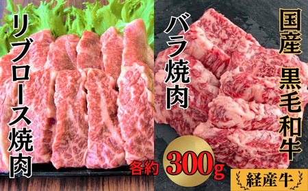 国産 黒毛和牛 経産牛 牛肉焼肉セット (リブロース約300g＋バラ約300g)
