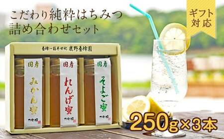 【ギフト用】かの蜂 国産 蜂蜜 3本セット250g×3本（れんげ・みかん・そよご）　024-038-GFT