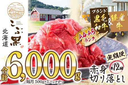 ＜ 定期便 12回 ＞ 北海道産 黒毛和牛 こぶ黒 赤身 切り落とし 500g （全 6kg ） 毎月 届く 牛肉 ブランド 和牛 訳あり 不揃い 牛 ビーフ 