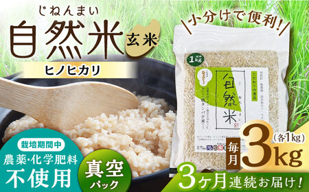【3回定期便】栽培期間中 農薬・化学肥料不使用 自然米 玄米 3kg（ヒノヒカリ 1kg×3袋）/自然庵[UCQ022]