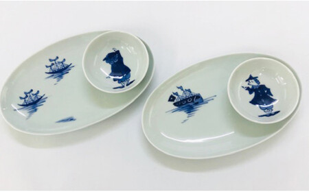 A35-219 青花 絵変り楕円皿（24cm）とボウルのセット（2枚組） 小島芳栄堂