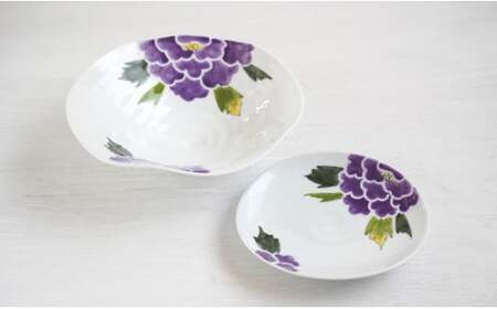 A40-226 有田焼 泰山 紫牡丹 手なぶり平菓子鉢 銘々皿セット