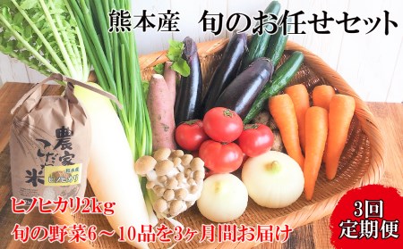 【定期便3回】旬のお任せセット お米(ヒノヒカリ) 2kg・ 旬の新鮮お野菜(6～10品目)セット (詰め合わせ)