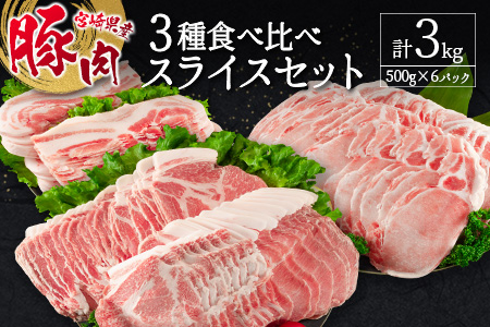宮崎県産豚 3種食べ比べスライスセット（500g×6パック）計3kg ※90日以内に発送【C369-24】