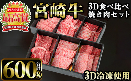 宮崎牛 3D冷凍 食べ比べ 焼肉(合計600g・各100g×6)【MI015】【(株)ミヤチク宮崎加工センター】
