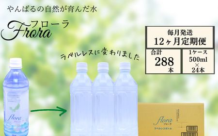 【12ヶ月定期便】やんばるの水 Flora【フローラ】500ml 24本　【ラベルレス/軟水】