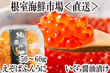 無添加エゾバフンウニ塩水パック(赤系)50～60g×1P、いくら醤油漬け(鮭卵)70g×1P A-11186