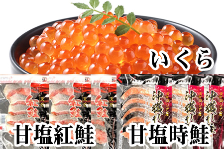 甘塩紅鮭5切×10P、甘塩時鮭5切×10P、いくら醤油漬け100g×5Ｐセット E-36002