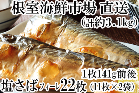 根室海鮮市場[直送]塩さばフィーレ11枚×2P「計22枚、約3.1kg(1枚約141g)」 A-28174