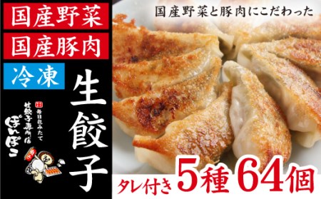 【生餃子専門店】 冷凍生餃子 5種類 64個 (餃子のタレ付) 食べ比べセット！ 国産豚肉 国産野菜