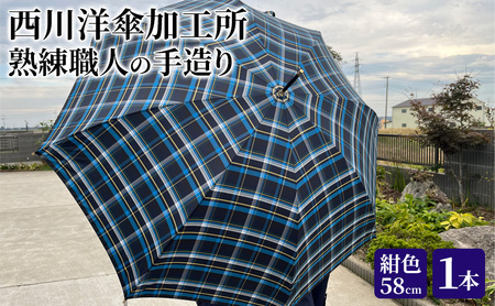 【 かさ 】雨傘 格子柄 駒取り 58cm［紺色］（共袋付）男女共用 1本