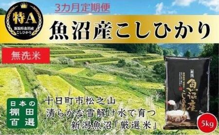 無洗米「3カ月定期便」日本棚田百選のお米　天空の里・魚沼産こしひかり　５ｋｇ×３回