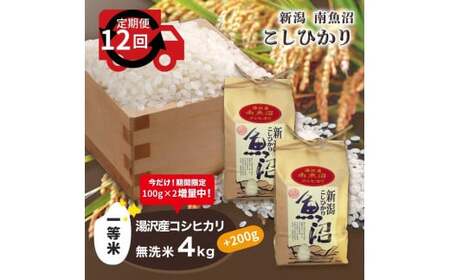 【12ヶ月定期便】令和5年産 湯沢産コシヒカリ＜無洗米＞4kg（2kg×2袋）精米したてのお米をお届け