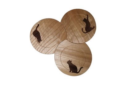 富山木象嵌　天然木手作りコースター　猫（3枚セット）