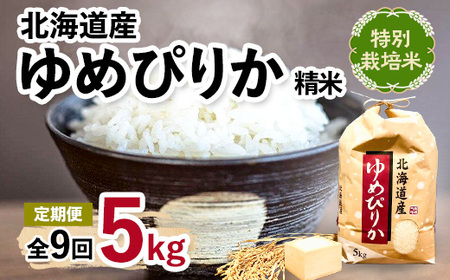 【毎月定期便】特別栽培米 北海道産ゆめぴりか 5kg精米全9回【4007125】