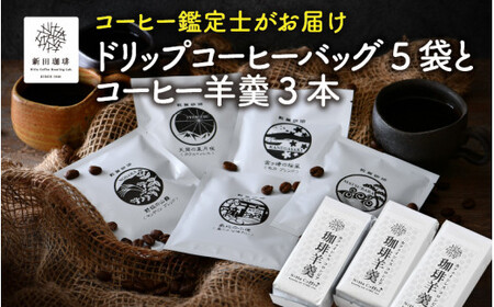 [013-a007] 日本と国際的なコーヒー鑑定士資格所有者がお届け！ドリップコーヒーバッグ 5袋とコーヒー羊羹 3本セット