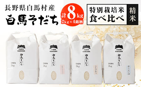 【令和5年産】『白馬そだち』長野県白馬村産　特別栽培米食べ比べ4銘柄各2kg(精米)【1490815】